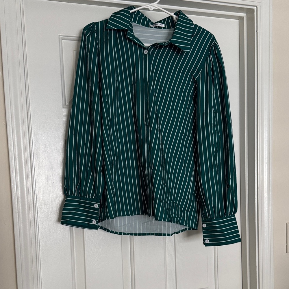Green Striped Button-Up Blouse